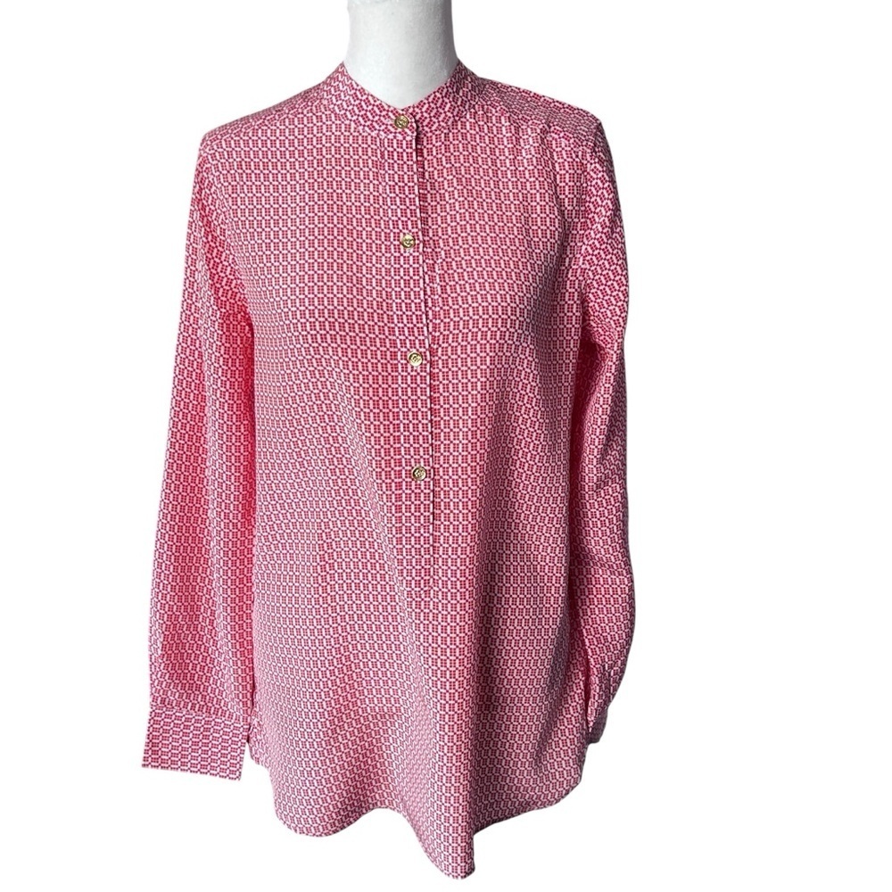 C. Wonder Women's 100% Silk  Pink Geometric Lightweight Button Down Blouse